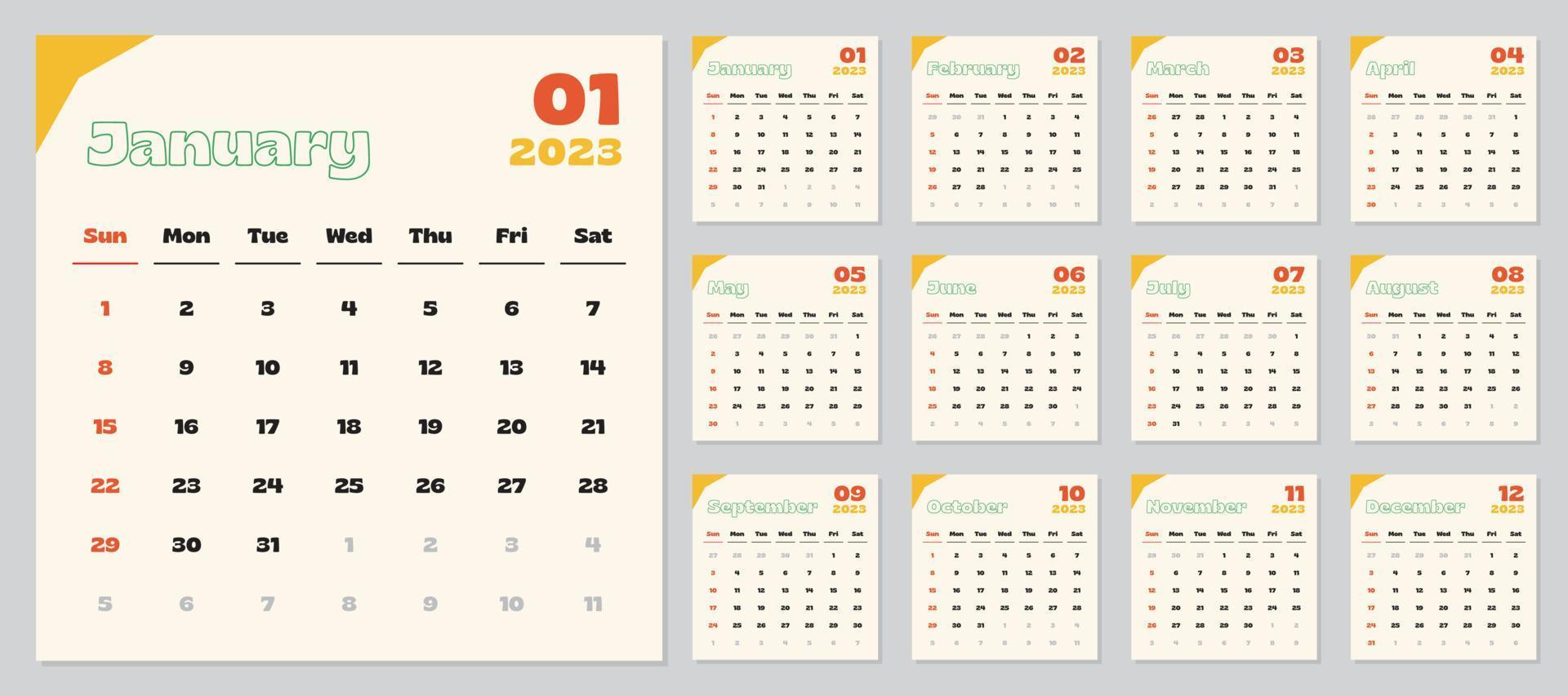 2023 Kalender, Monat Jahr Datum, Start auf Sonntag, Vektor
