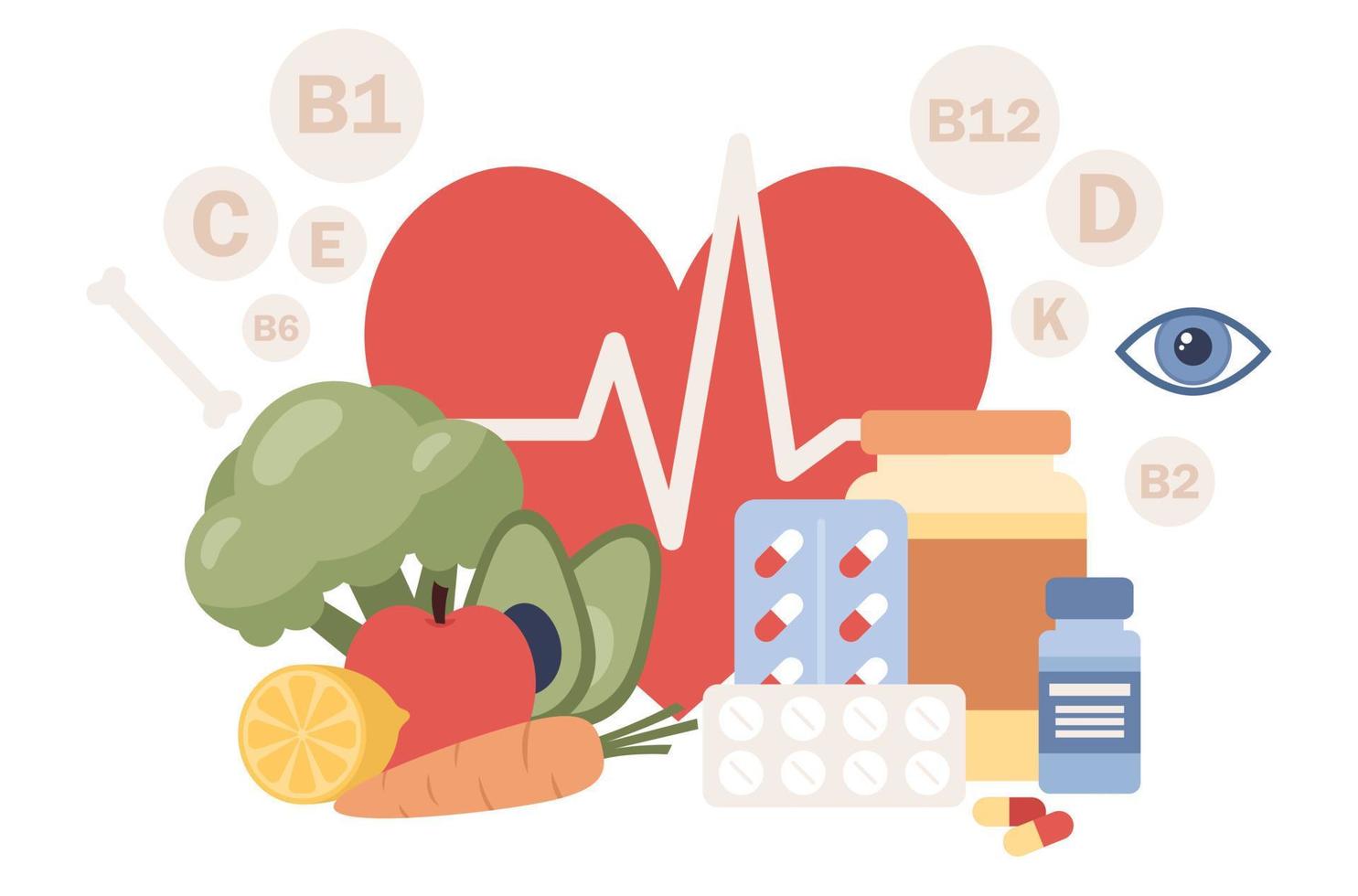 Vitamine Komplex. gesund Lebensstil. Vitamin Tabletten und multi Vitamin Ergänzungen gegen natürlich Lebensmittel. Vektor eben Illustration