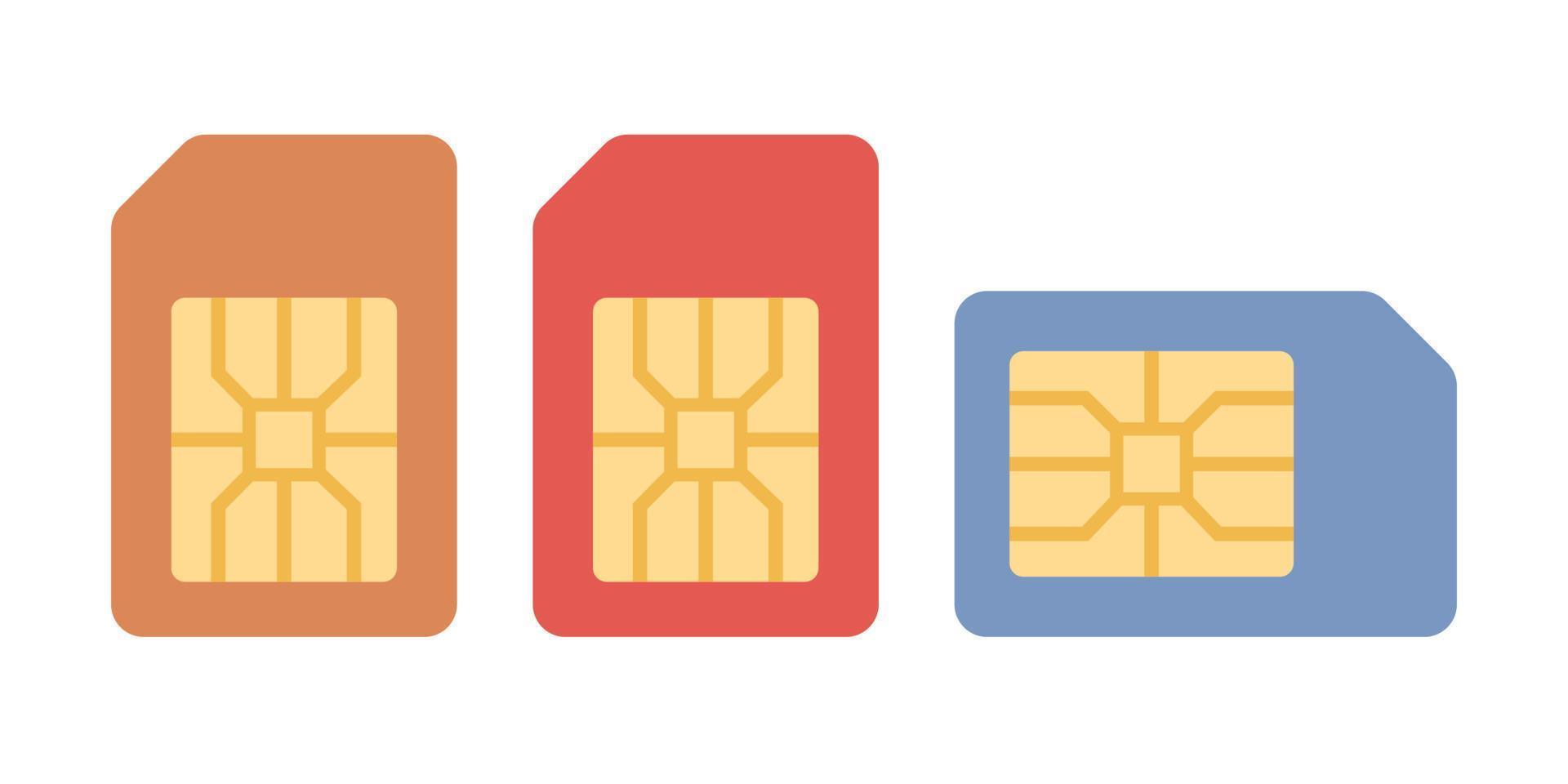 sim Karte Symbole. Technologien von Handy, Mobiltelefon und kabellos Kommunikation. Netzwerk Chip elektronisch Verbindung. Vektor eben Illustration