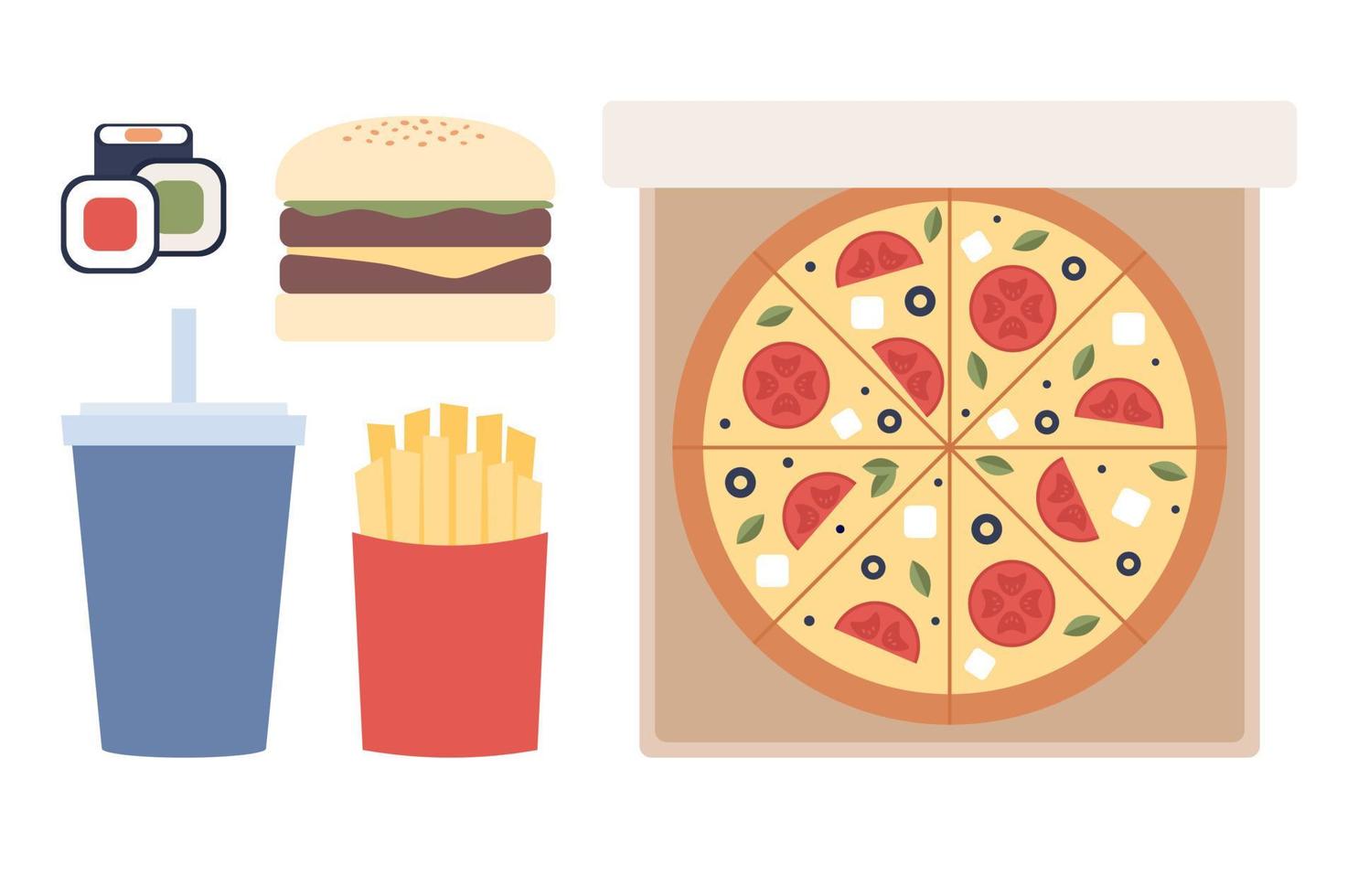 schnell Essen Symbole. einstellen Mahlzeiten Pizza, Burger, Sushi, Französisch Fritten, Getränk. Vektor eben Illustration