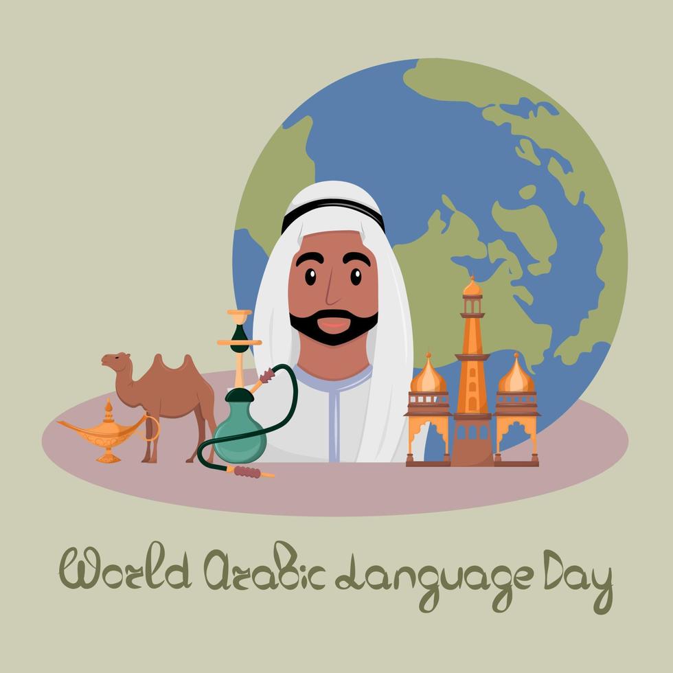 International Arabisch Sprache Tag Dezember 18 Lernen Arabisch Attribute von islamisch Kultur. Vektor Illustration im eben Stil auf Grün Hintergrund.