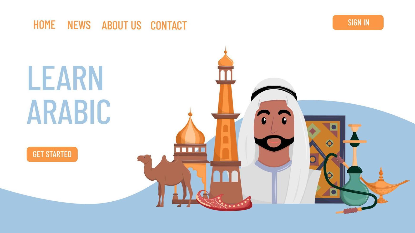 landning sida mall. reklam för språk kurser, skola. arabicum språk inlärning. islamic kultur, mitten öster. horisontell skärm webbplats. vektor illustration.