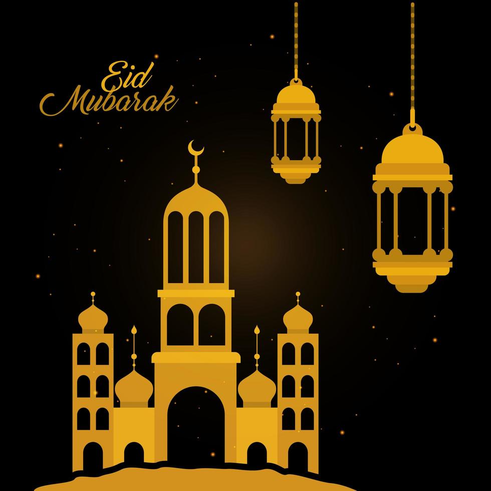 Eid Mubarak Gold Tempel mit Mond Kleiderbügel Laternen und Sterne Vektor-Design vektor