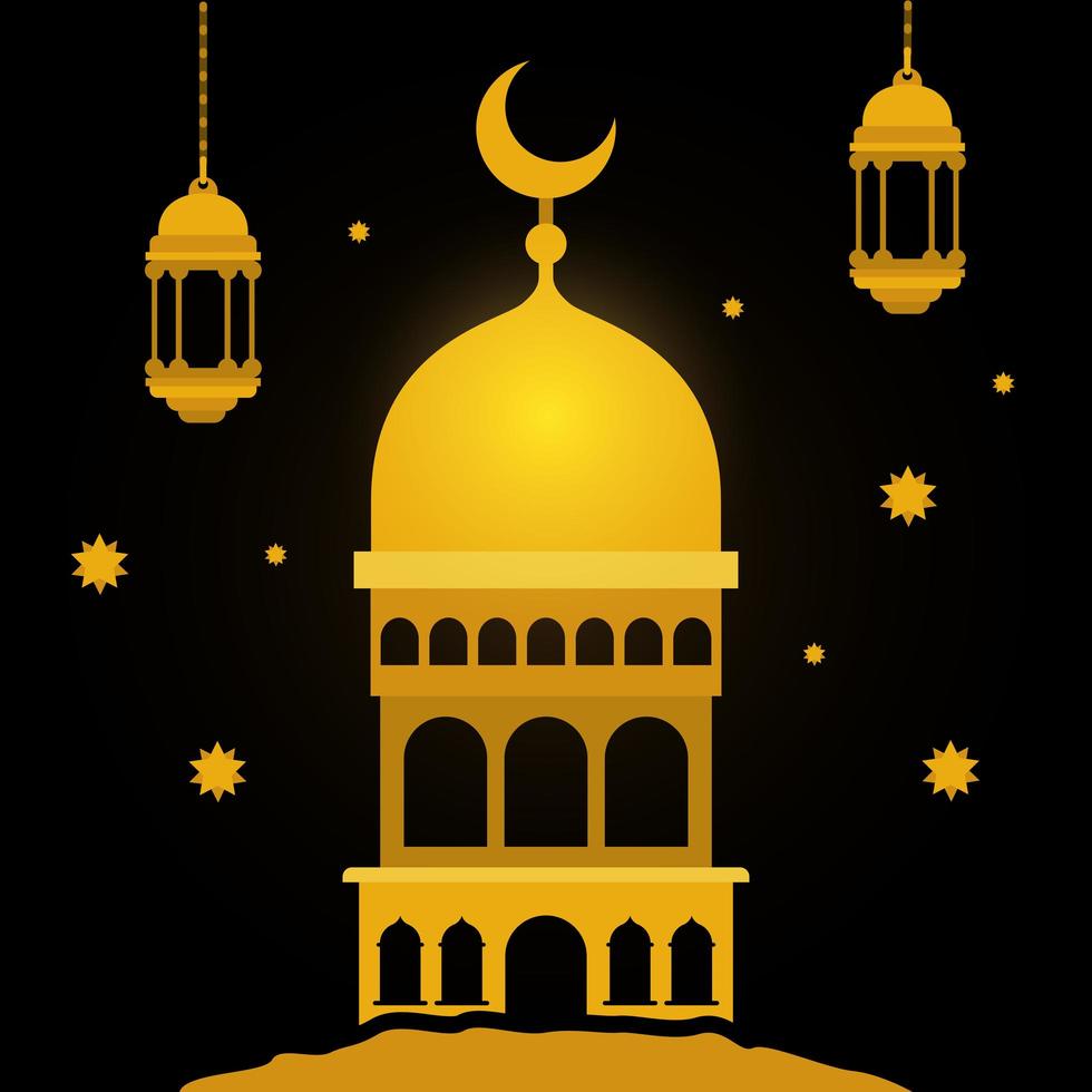 Eid Mubarak Gold Tempel mit Mond Kleiderbügel Laternen und Sterne Vektor-Design vektor