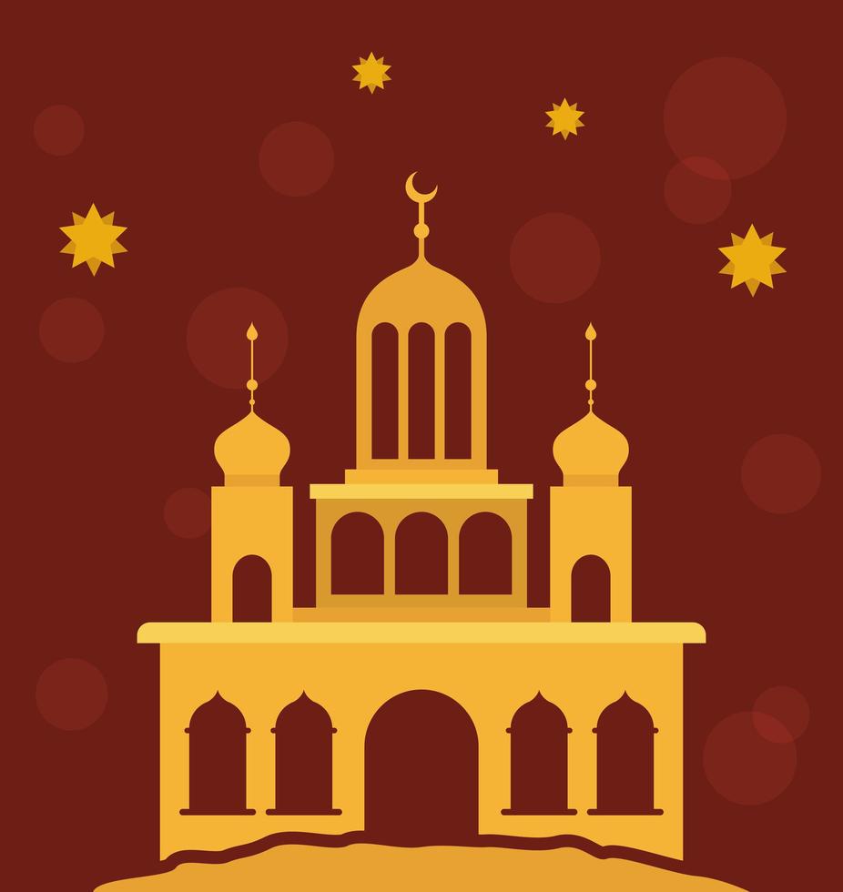 eid mubarak guld tempel med månen och stjärnor vektor design