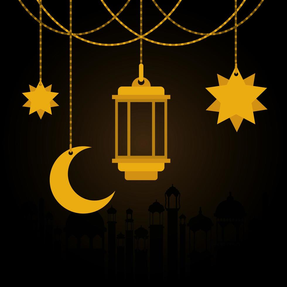 eid mubarak guld hängare lykta månen och stjärnor vektor design