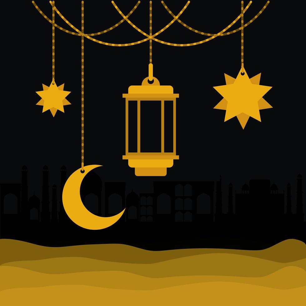 Eid Mubarak Gold Kleiderbügel Laterne Mond und Sterne Vektor-Design vektor