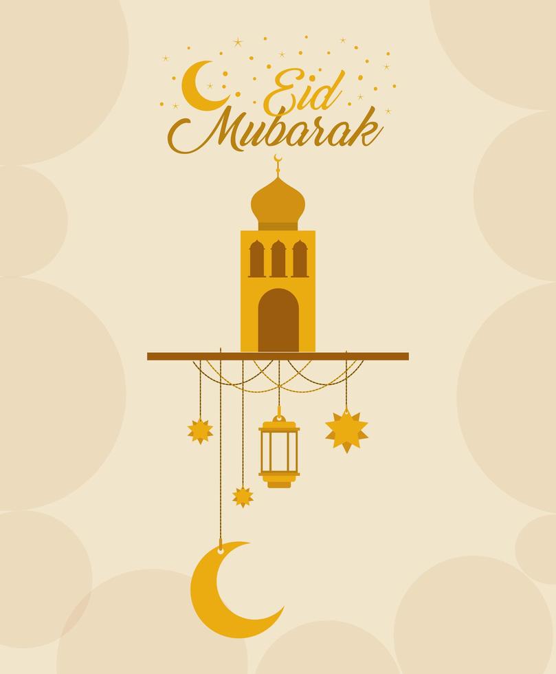 Eid Mubarak Gold Tempel mit Mond Kleiderbügel Laterne und Sterne Vektor-Design vektor