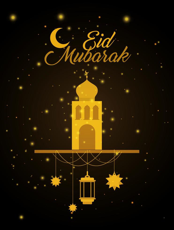Eid Mubarak Gold Tempel mit Mond Kleiderbügel Laterne und Sterne Vektor-Design vektor