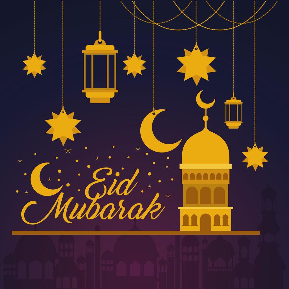 eid mubarak tempellyktor stjärnor och månhängande vektordesign vektor