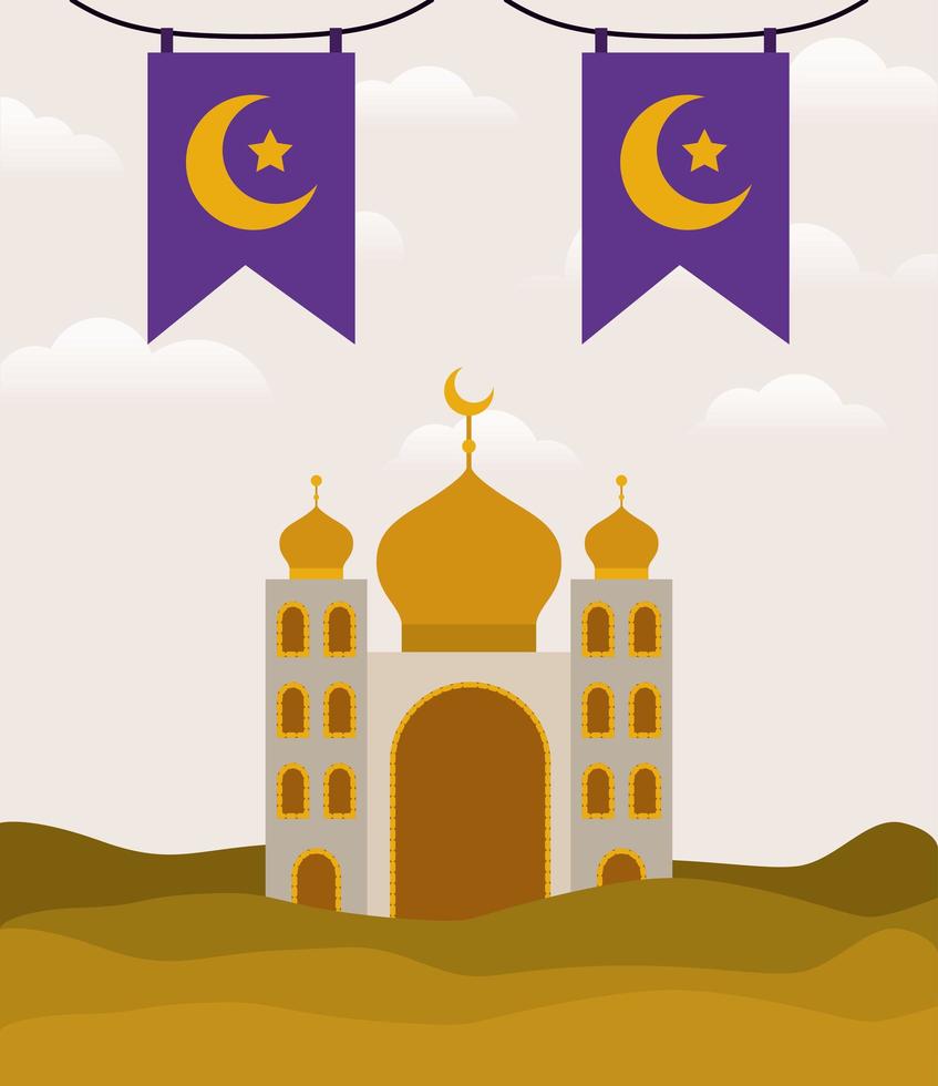 Eid Mubarak Tempel mit Mond und Banner Wimpel Vektor Design