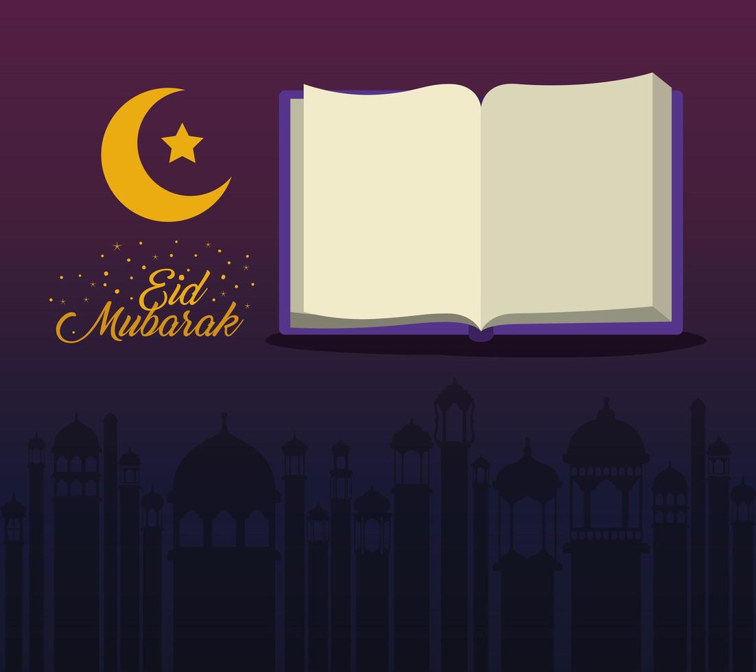 Eid Mubarak Mondstern und Koran mit Gebäude Silhouette Vektor-Design vektor