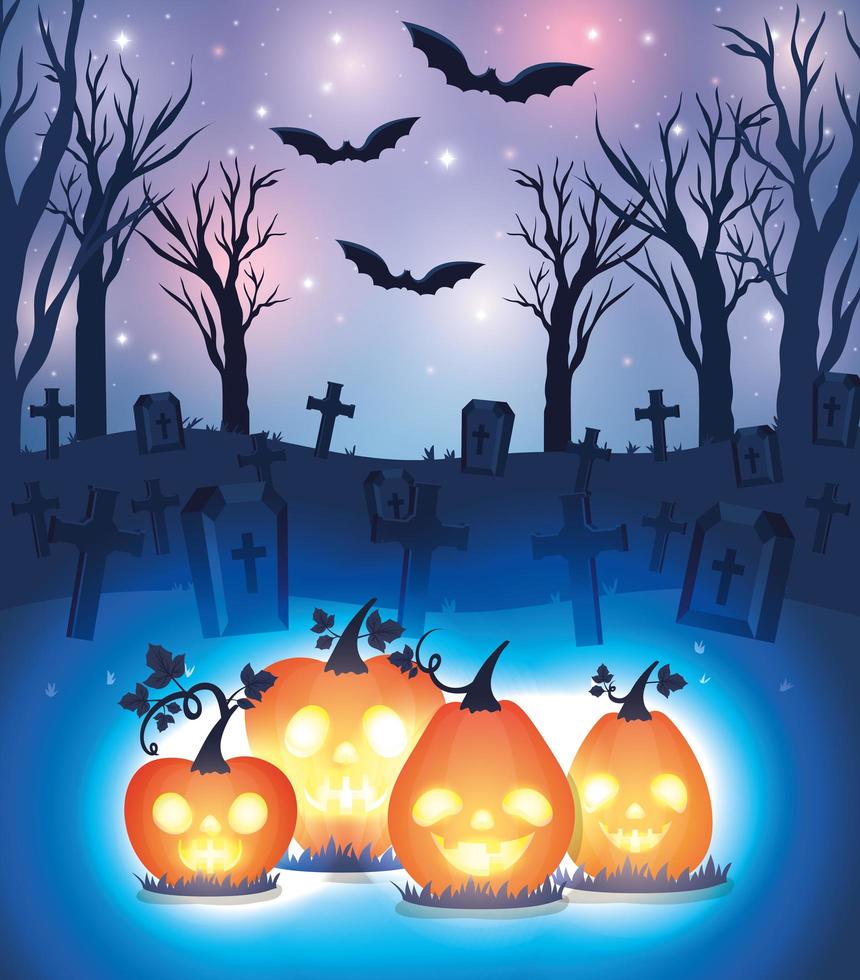 Halloween-Kürbis, der über Friedhofshintergrund glüht vektor