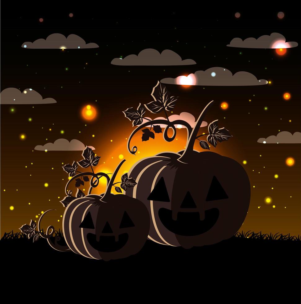 Halloween säsongskort med pumpor i mörk nattplats vektor