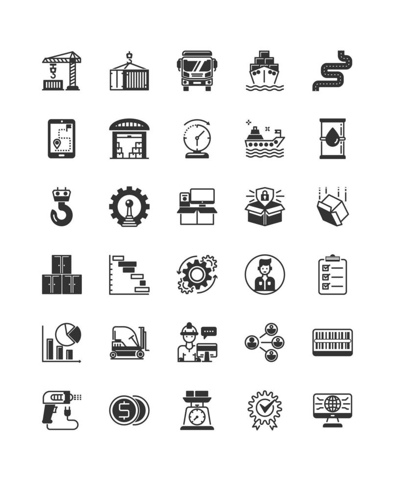 enkel uppsättning av logistisk frakt ikon uppsättning, fast stil pixel perfekt ikon tavlan 64x64 pixel för hemsida, media, ux, ui design, transport och leverans begrepp vit bakgrund vektor