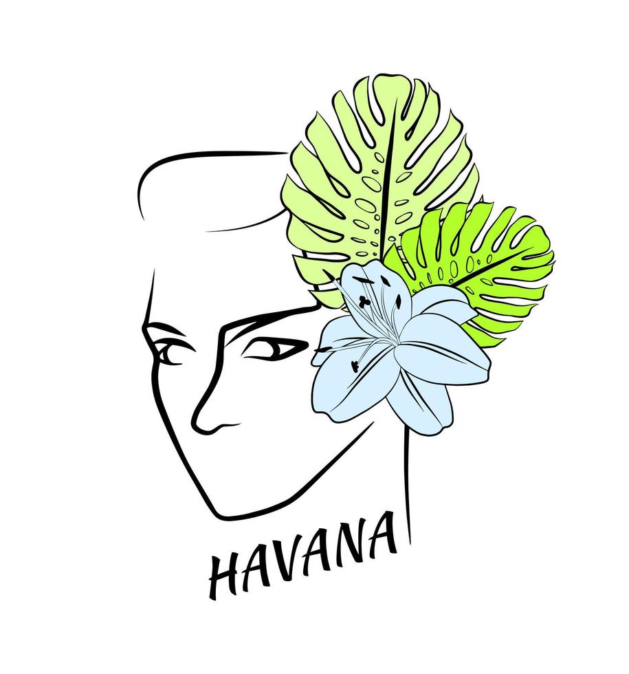 översikt skön lady porträtt, t-shirt skriva ut mall. hand dragen kvinna ansikte med tropisk blommor. havanna. vektor