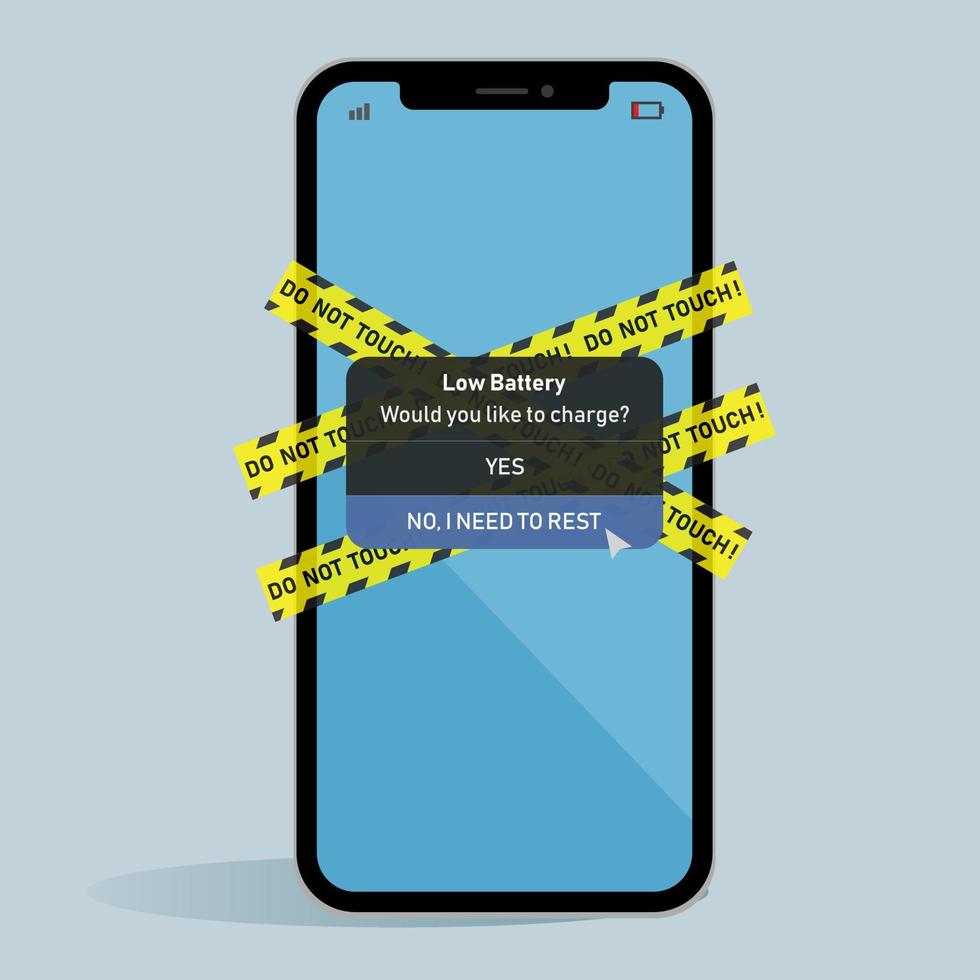 vektor låg batteri begrepp illustration, do inte Rör linje, låg batteri lägga märke till, social medial detox, platt design digital detox, design Nej Mer Foto