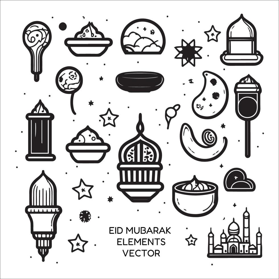 einstellen von eid Mubarak, eid al fitr Elemente Symbole Vektor Illustration isoliert auf Weiß Hintergrund