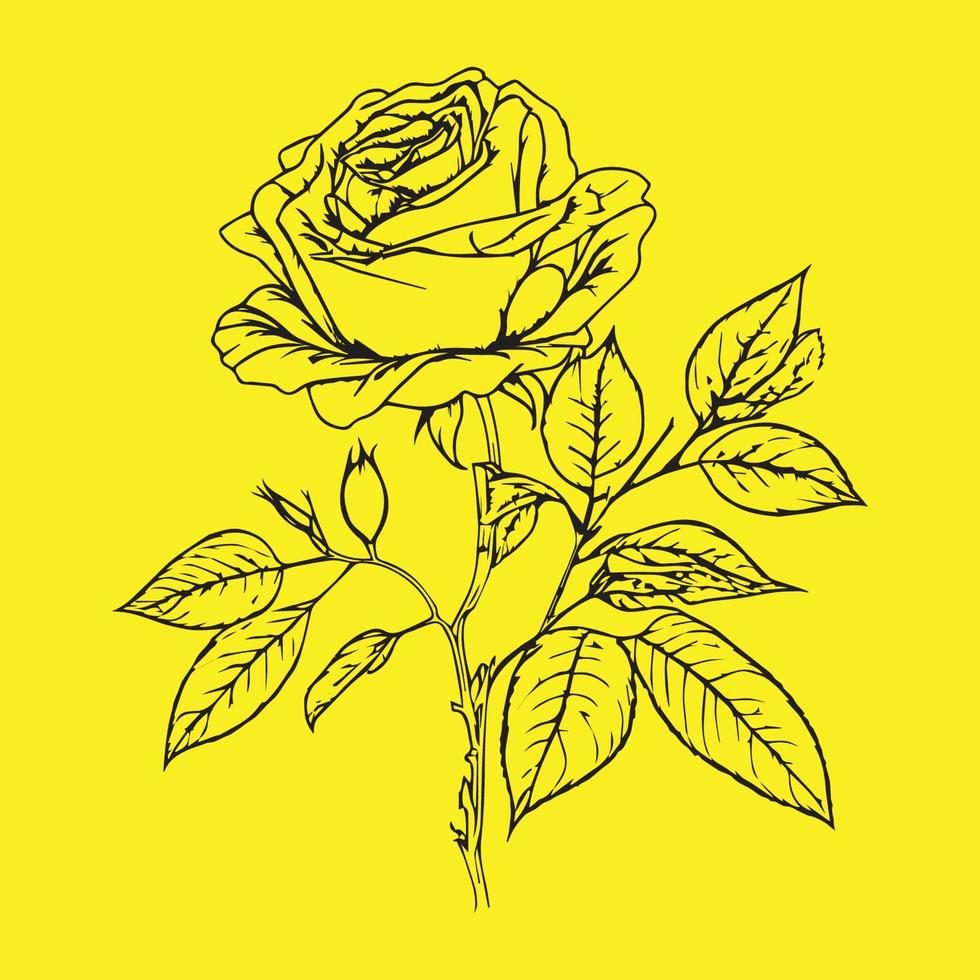 Rose Hand Zeichnung skizzieren schwarz Gliederung Vektor Illustration isoliert auf Gelb Hintergrund