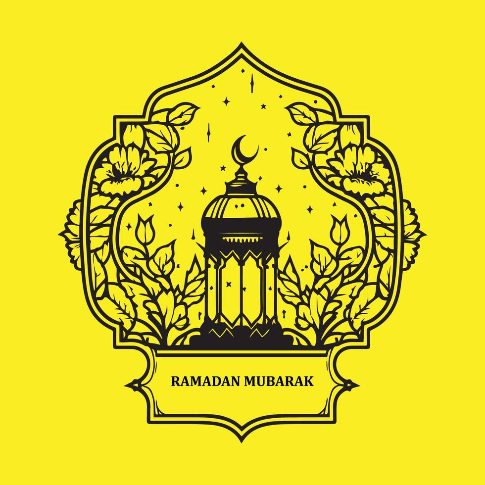 ramadan kareem, ramadan mubarak islamic hälsning kort element design svart översikt vektor isolerat på gul bakgrund.