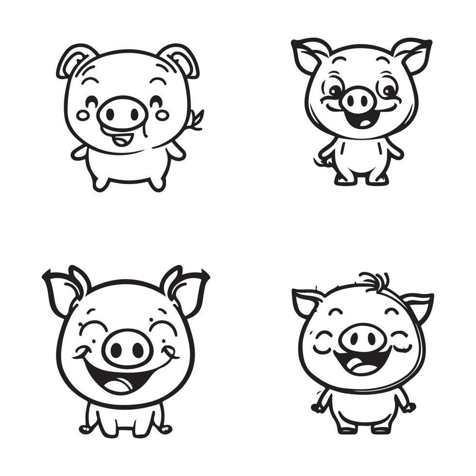 einstellen von süß Karikatur Schwein Charakter Gliederung Symbol Vektor. lächelnd Schweine Vektor Logo einstellen Illustration