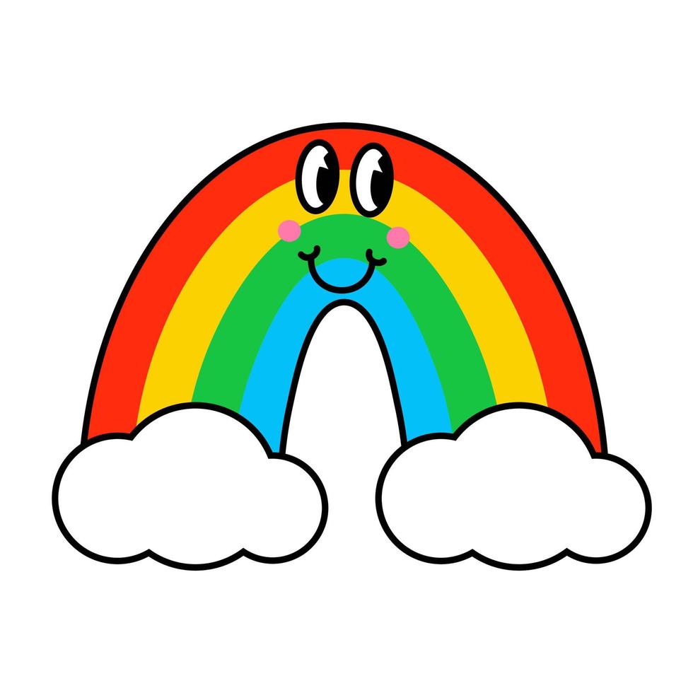 komisch Karikatur Charakter. Design Element im retro Stil isoliert auf Weiß Hintergrund. Vektor Illustration von Regenbogen mit Gesichter.