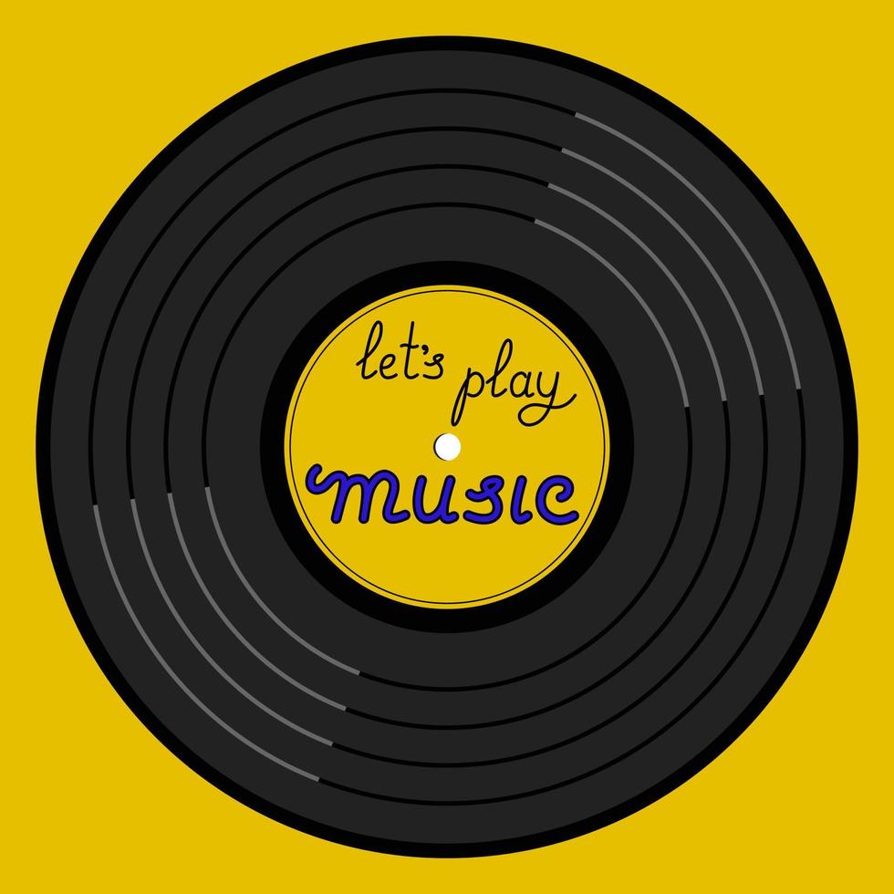 låter spela musik text titel på vinyl spela in, gul bakgrund vektor illustration i platt stil