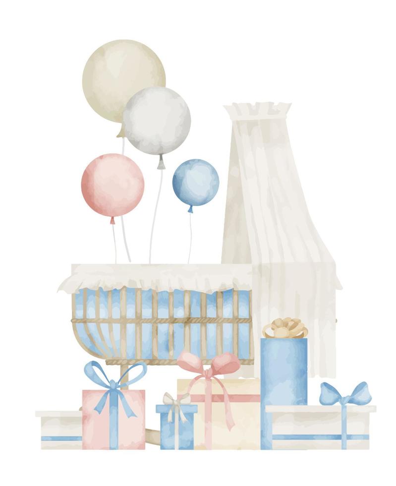 Baby Wiege mit Luft Luftballons und die Geschenke im Pastell- Blau und Beige Farben zum Neugeborene Dusche Gruß Karten oder Einladungen. Hand gezeichnet Jahrgang Illustration auf isoliert Hintergrund zum kindisch Design vektor