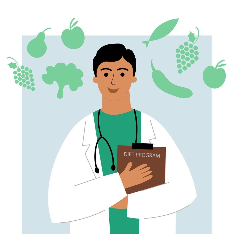 dietist eller nutritionist. manlig läkare i en medicinsk täcka med grönsaker, frukter, fisk, mat. uppkopplad service eller plattform för nutritionister. uppkopplad kurs. näring rekommendationer. platt illustration vektor