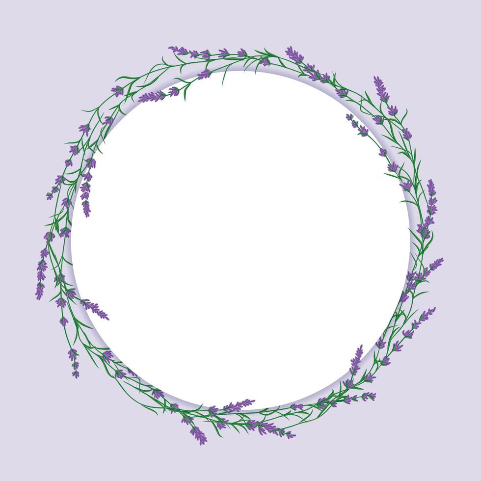 lavendel- blomma bruncher i blomma runt om vit cirkel form. vykort layout attrapp vektor
