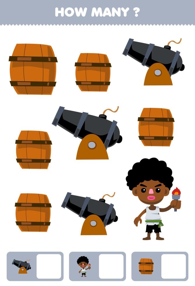Bildung Spiel zum Kinder suchen und Zählen Wie viele Objekte von süß Karikatur Kanone Junge und Fass druckbar Pirat Arbeitsblatt vektor