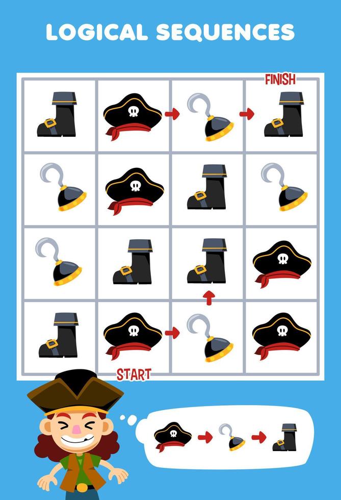 utbildning spel för barn logisk sekvens hjälp pojke sortera hatt krok och känga från Start till Avsluta tryckbar pirat kalkylblad vektor