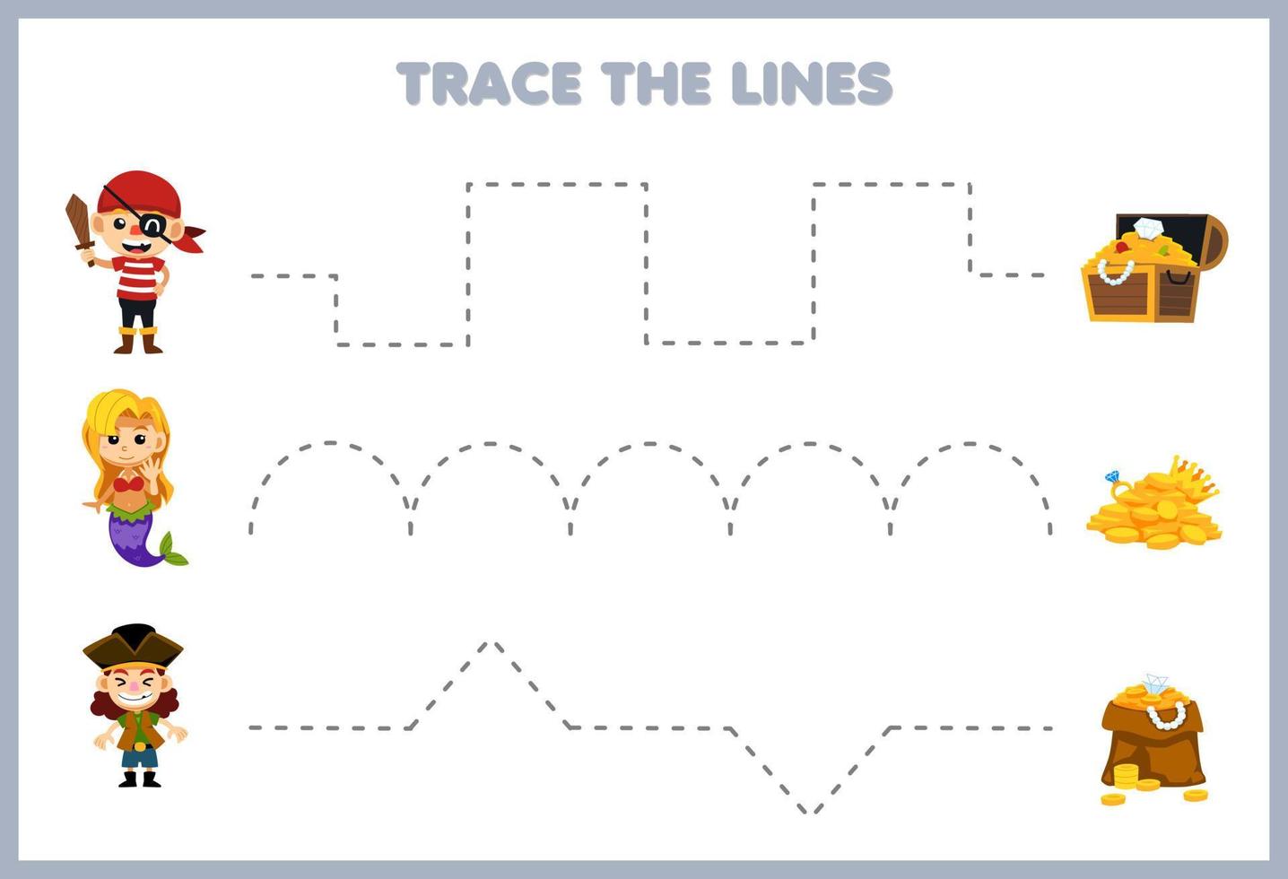 utbildning spel för barn handstil öva spår de rader med söt tecknad serie pirat och sjöjungfru flytta till skatt pirat kalkylblad vektor