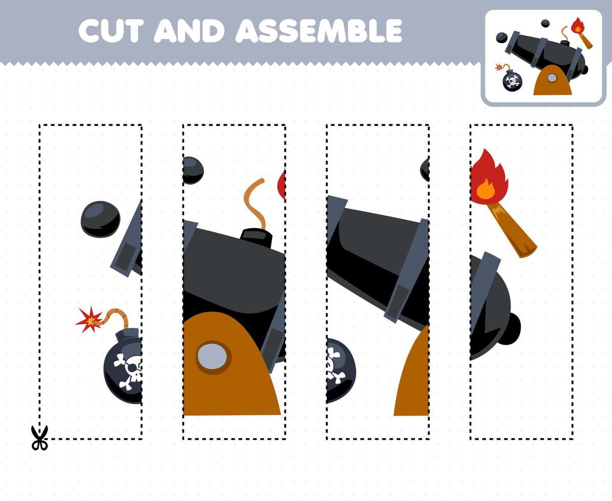 Bildung Spiel zum Kinder Schneiden trainieren und montieren Puzzle von süß Karikatur Bombe Kanone und Fackel druckbar Pirat Arbeitsblatt vektor