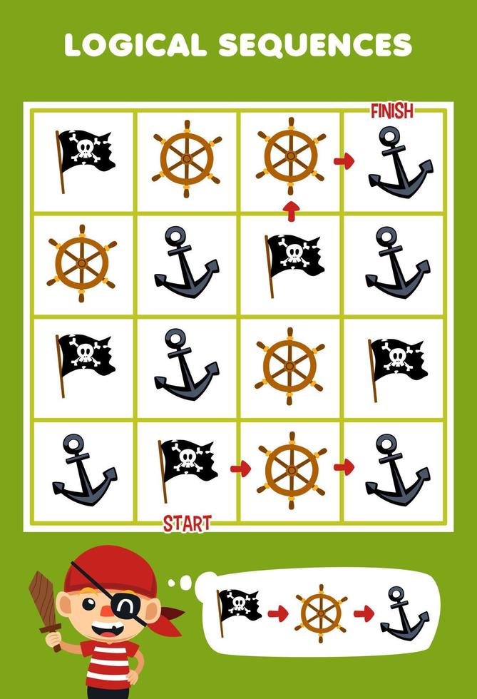Bildung Spiel zum Kinder logisch Reihenfolge Hilfe Junge Sortieren Flagge Rad und Anker von Start zu Fertig druckbar Pirat Arbeitsblatt vektor