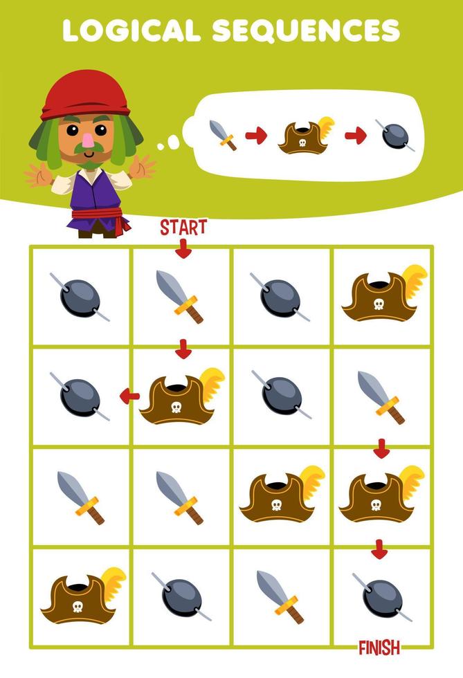 Bildung Spiel zum Kinder logisch Reihenfolge Hilfe Mann Sortieren Schwert Hut und Auge Patch von Start zu Fertig druckbar Pirat Arbeitsblatt vektor