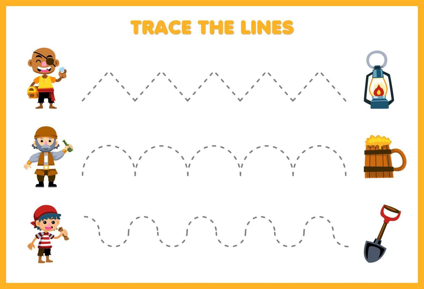 Bildung Spiel zum Kinder Handschrift trainieren Spur das Linien mit süß Karikatur Pirat Besatzung Bewegung zu Laterne Becher und Schaufel Pirat Arbeitsblatt vektor