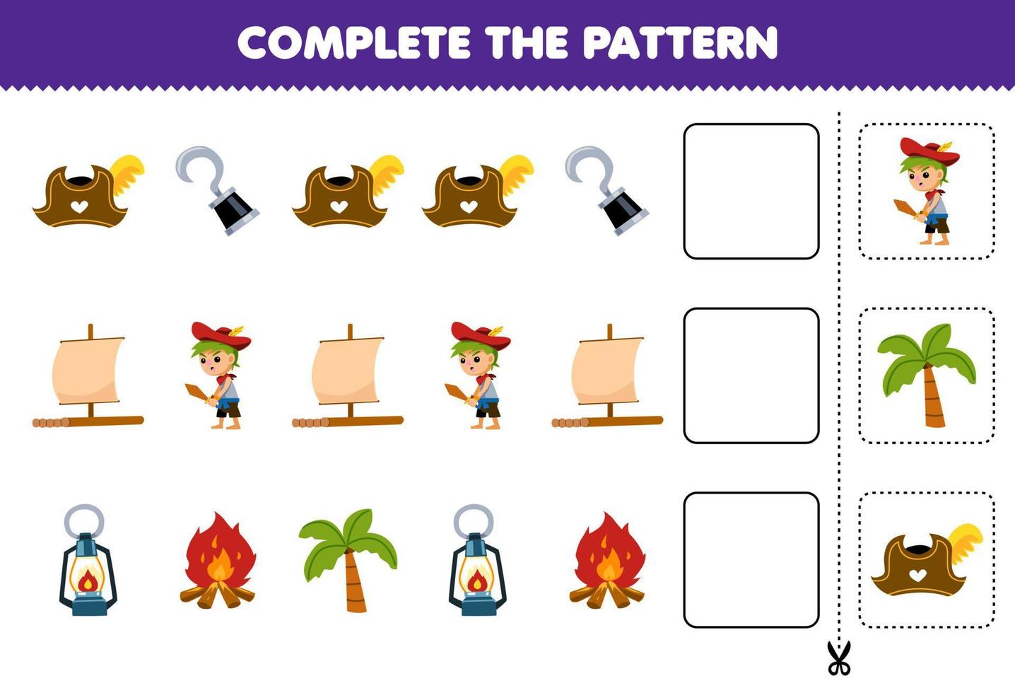 Bildung Spiel zum Kinder Komplett das Muster von süß Karikatur Hut Haken Floß Junge Laterne Lagerfeuer Baum druckbar Pirat Arbeitsblatt vektor