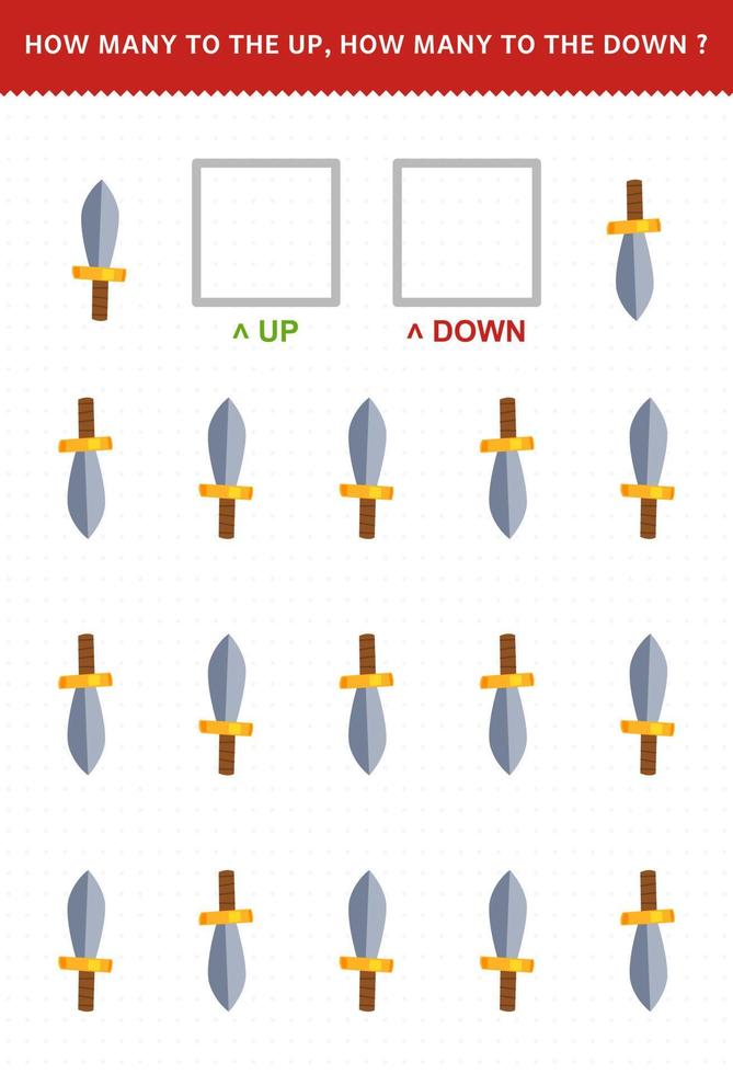 utbildning spel för barn av räkning upp och ner bild av söt tecknad serie svärd tryckbar pirat kalkylblad vektor