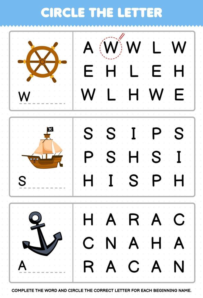 utbildning spel för barn cirkel de början brev från söt tecknad serie hjul fartyg och ankare tryckbar pirat kalkylblad vektor