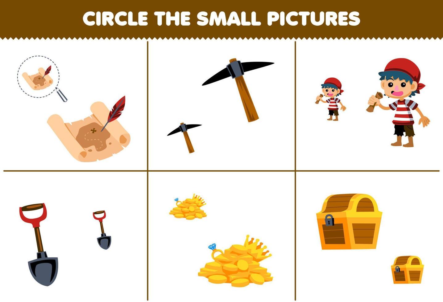 utbildning spel för barn cirkel de små bild av söt tecknad serie skatt Karta pickaxe pojke knuff guld bröst tryckbar pirat kalkylblad vektor