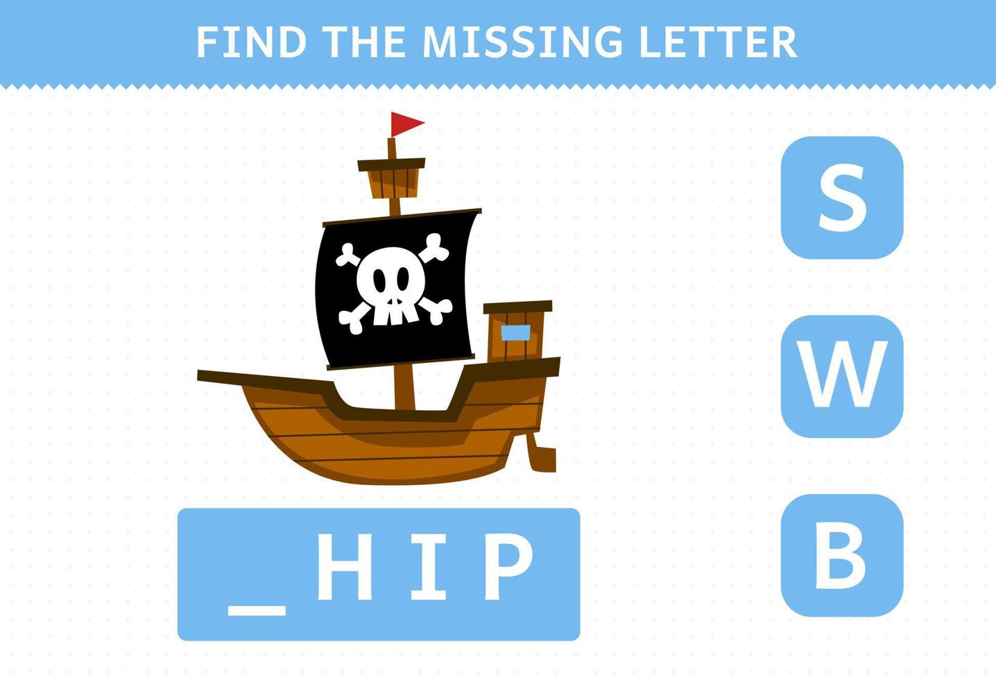 utbildning spel för barn hitta saknas brev av söt tecknad serie fartyg tryckbar pirat kalkylblad vektor