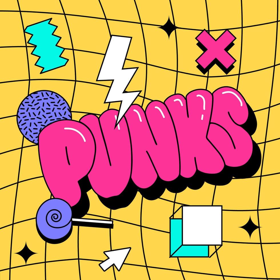 Punks - - 90er Jahre Stil cool Platz Banner oder Karte. Vektor Illustration mit 00s geometrisch Symbole im kariert verzerrt Hintergrund.