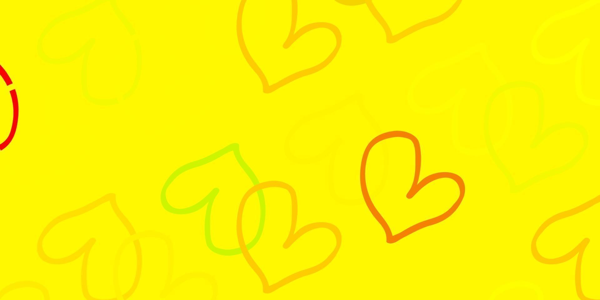 ljusröd, gul vektor bakgrund med söta hjärtan.