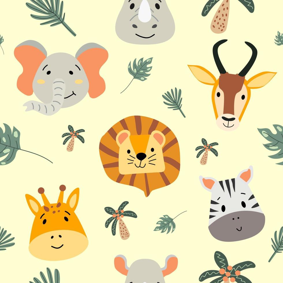 sömlös mönster med söt vild djur- ansikten. afrikansk djur och växter i en platt stil. lejon, zebra, noshörning, elefant, antilop och giraff, handflatan träd.barns textilier, omslag papper. vektor