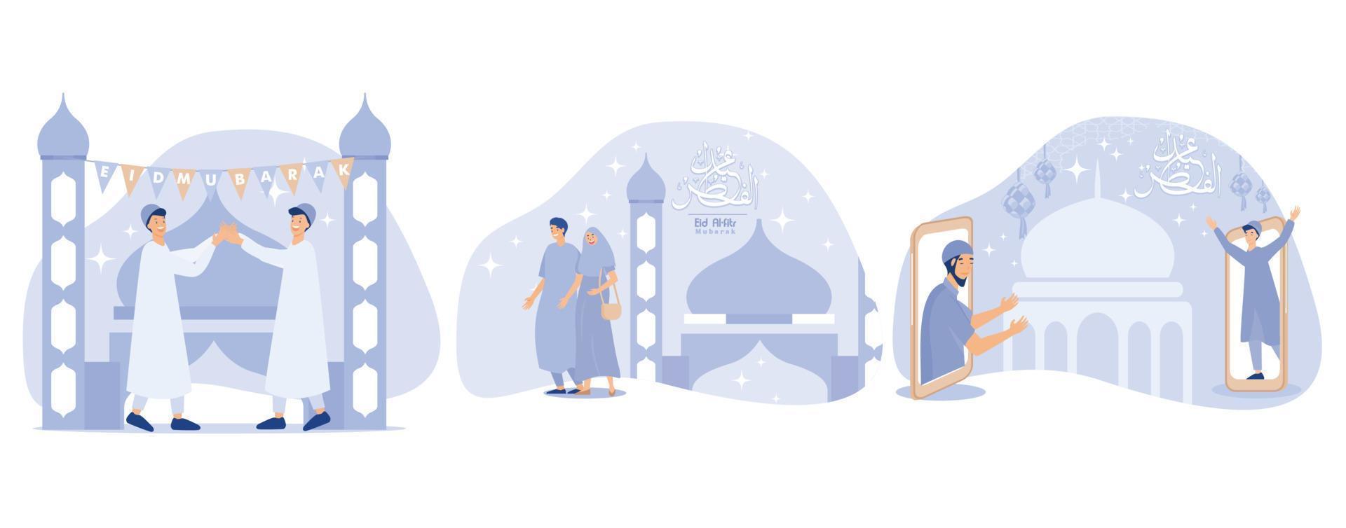 eid mubarak och ramadan begrepp, arabicum islamic calligraphic text, uppsättning platt vektor modern illustration