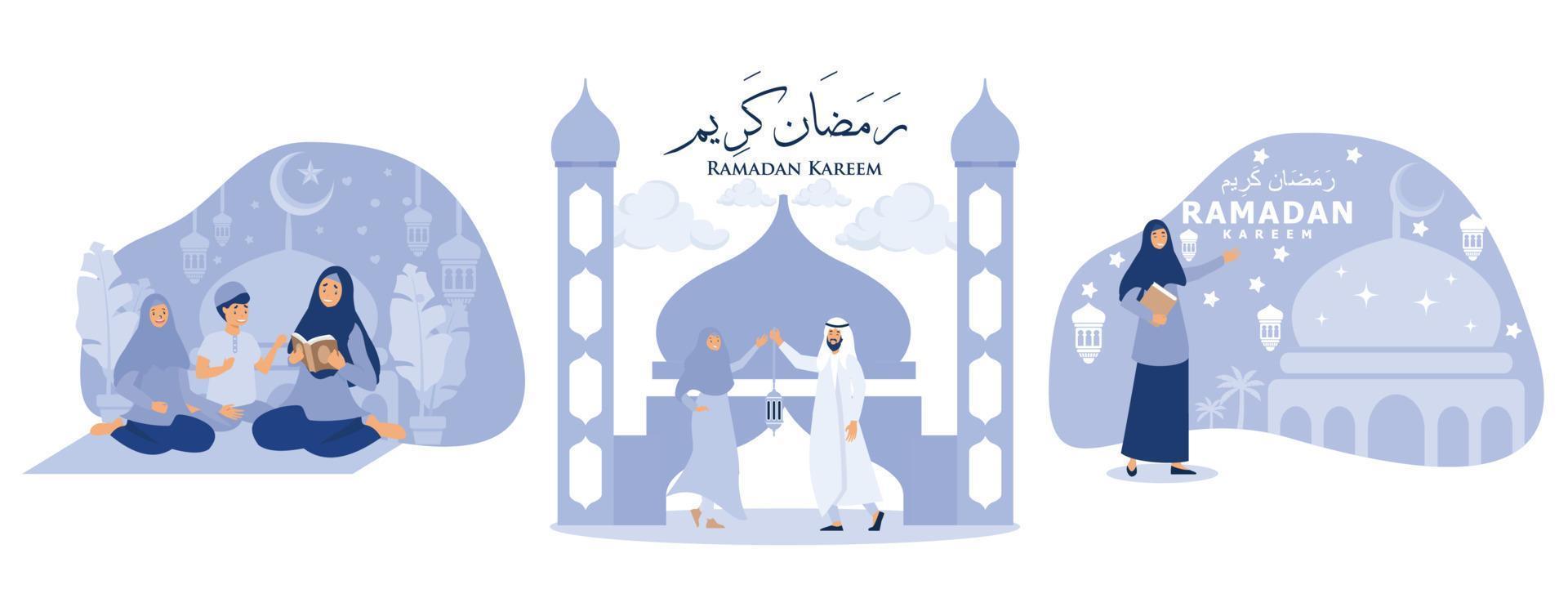 Lehren ihr Kinder zu lesen Koran, islamisch Ramadan kareem Familie Moment, einstellen eben Vektor modern Illustration