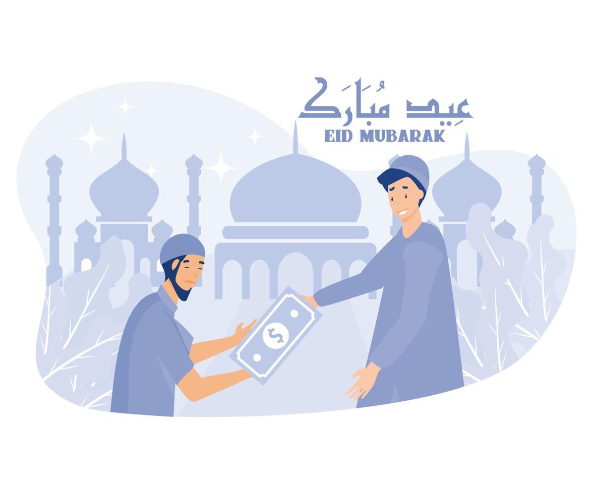 jung Muslim Mann geben Geld zu obdachlos Menschen, eid Mubarak, eben Vektor modern Illustration