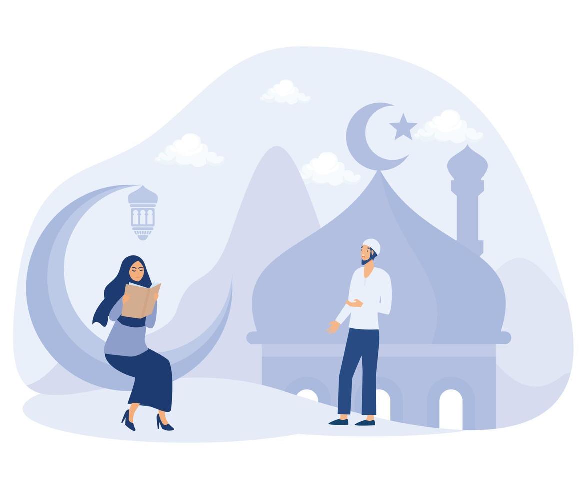 Muslim Aktivität im Ramadan Monat, mit Moschee und Asien Arabisch Kultur Hintergrund, eben Vektor modern Illustration