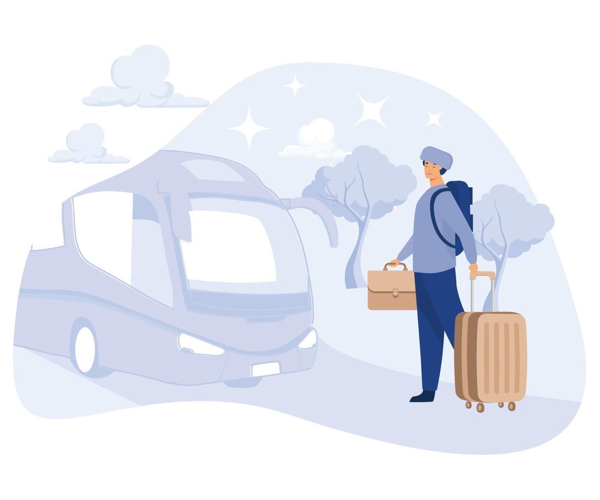 illustration tillbaka till by eller hemstad medan innan eid med buss transport. eid al fitr reser, platt vektor modern illustration